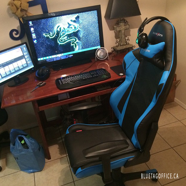 The setup. DXRACER gaming chair. Blue Tag Office Ltd in Canada