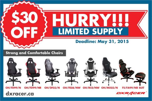 Save $30 on the selected DXRacer Canada chairs. Hurry!!! Limited